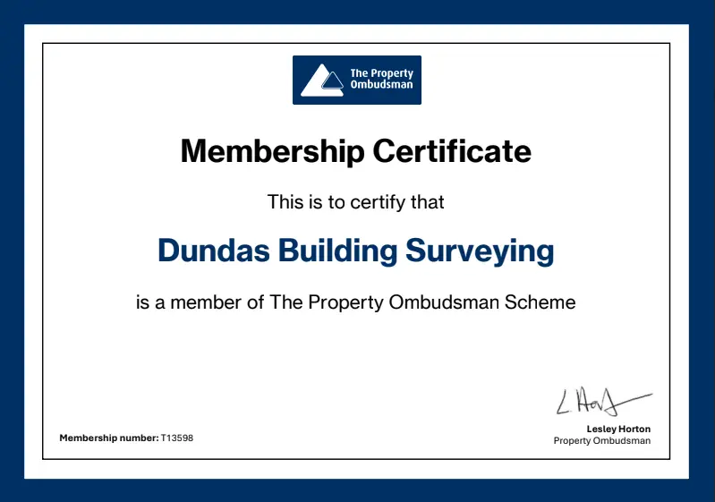 The Property Ombudsman membership certificate for Dundas Building Surveying